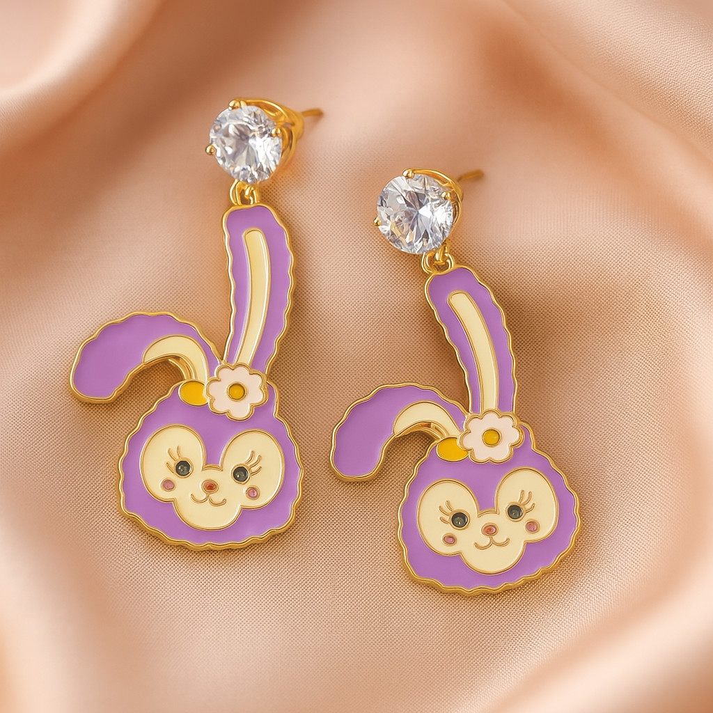 Lilac bunny-shaped earrings with gold accents