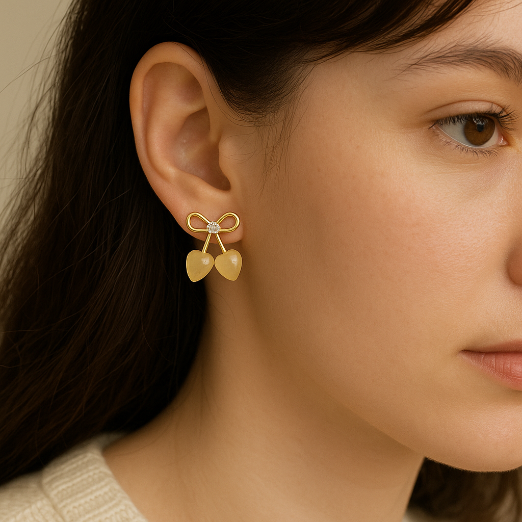 Gold-tone stud earrings featuring a bow design with a central crystal and two heart-shaped stone drops, resembling cherries.