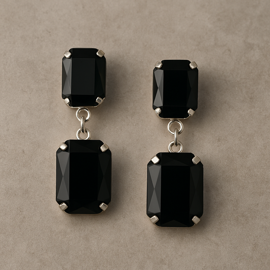 Dark Mystique Earrings – bold black stone drop earrings with silver prong setting, luxury imitation jewelry by Ora Haven