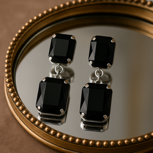 Dark Mystique Earrings – bold black stone drop earrings with silver prong setting, luxury imitation jewelry by Ora Haven