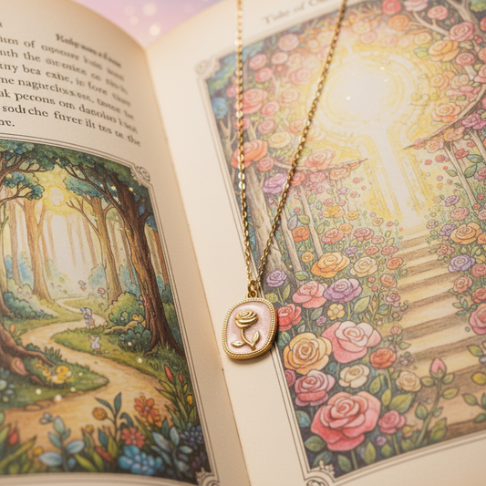 Necklace with a pendant on an open book with colorful illustrations