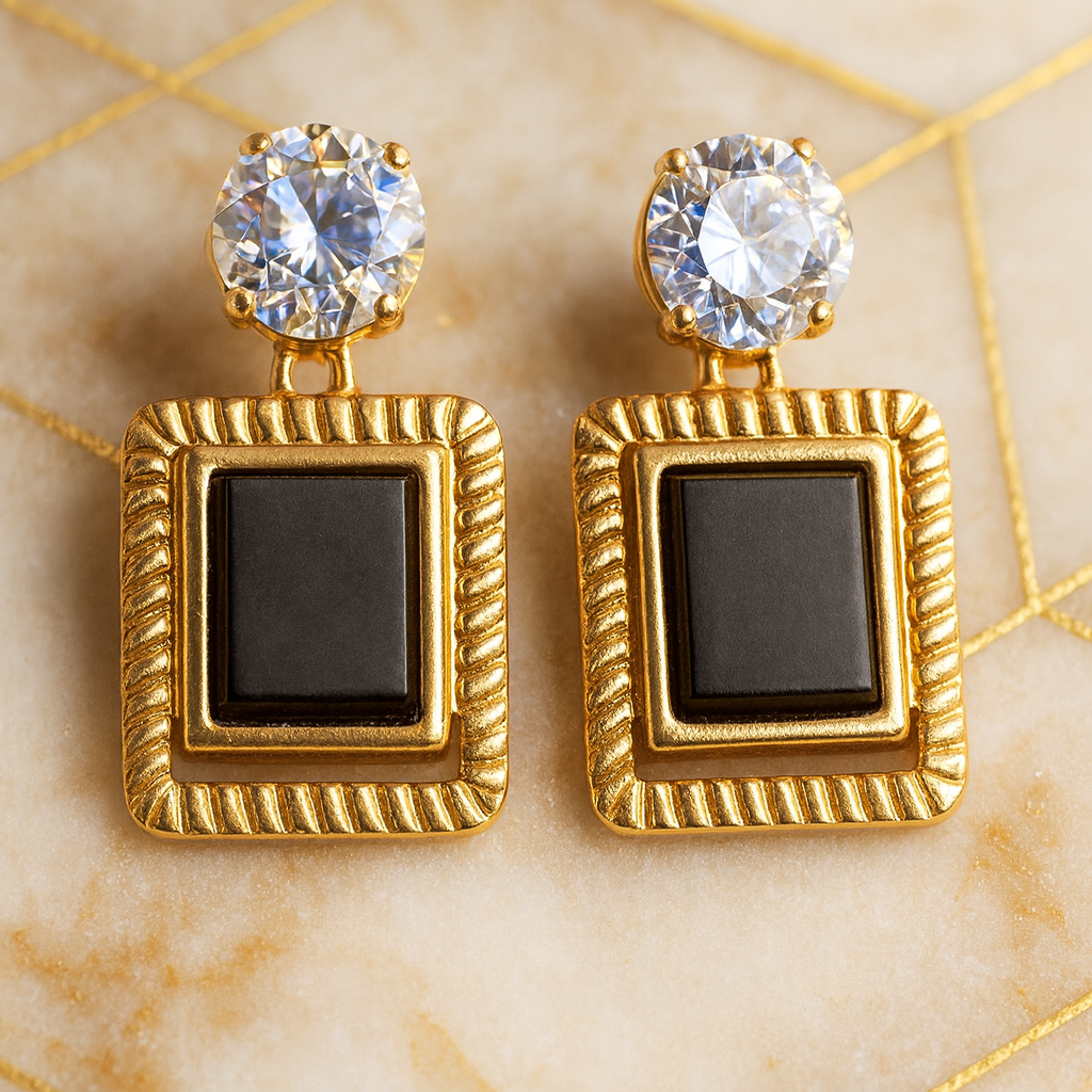 Gold square statement earrings with black enamel center and crystal top, luxury vintage-style geometric earrings for women
