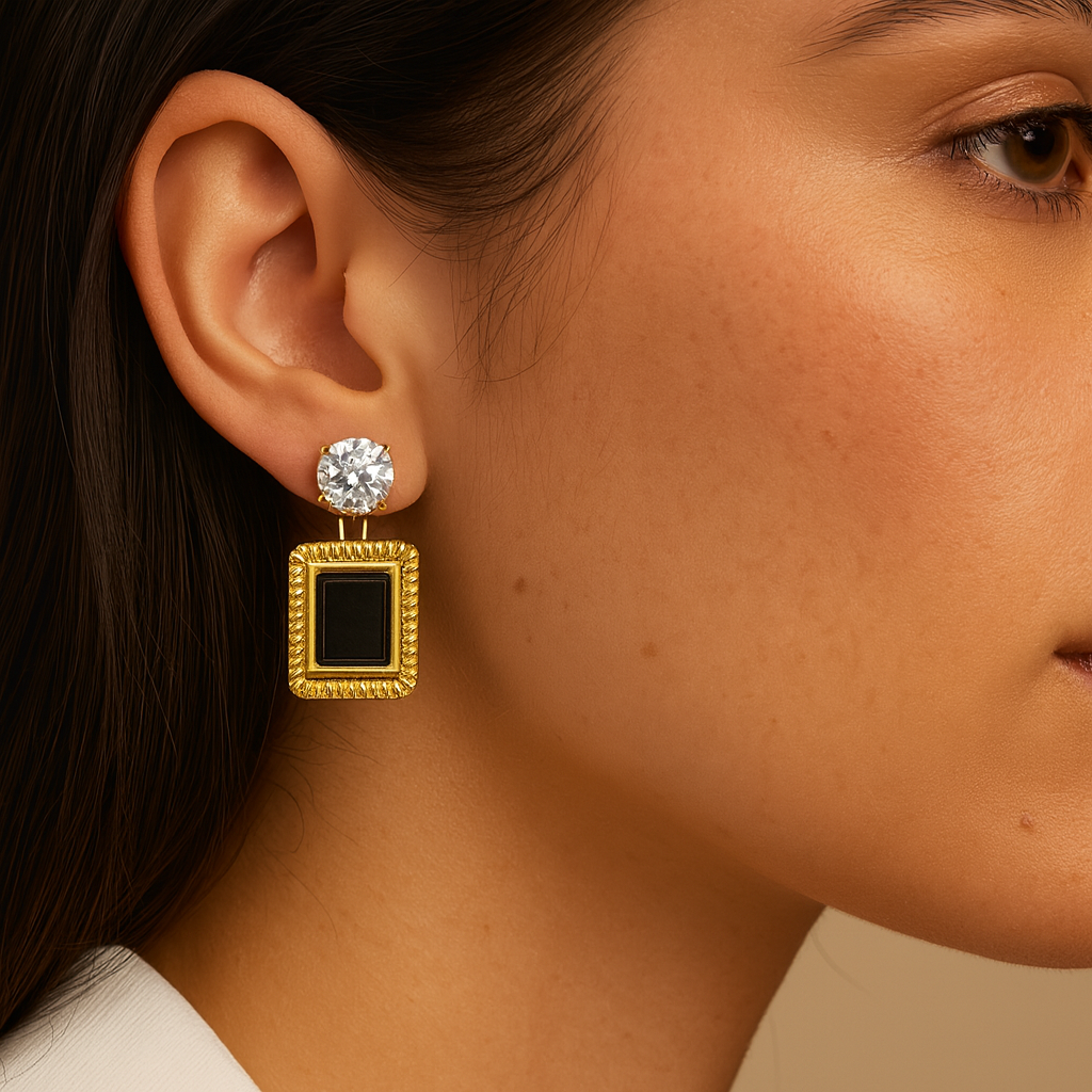 Luxury gold and black statement earrings with crystal stud – bold rectangular drop earrings for women’s party and evening wear