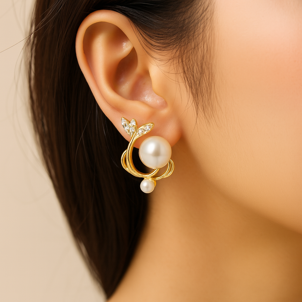 Pearl earring worn on an ear with a neutral background