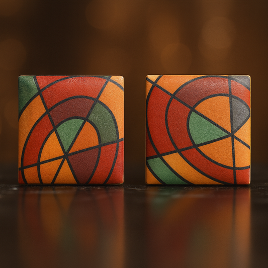 Two square tiles with geometric patterns on a dark surface