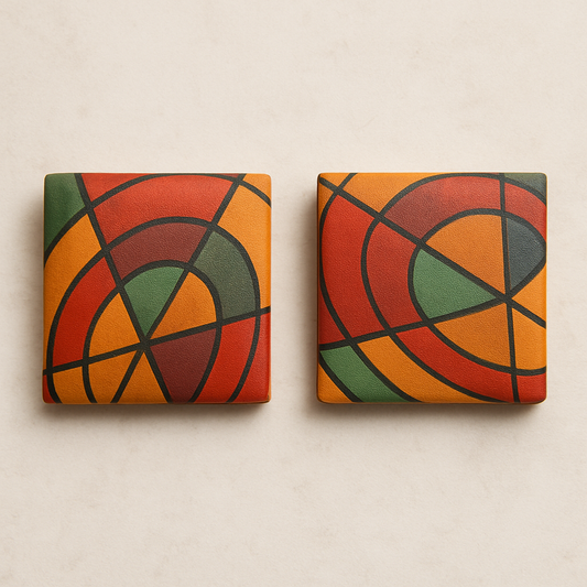 Two square tiles with geometric abstract designs in red, green, and orange on a beige background.