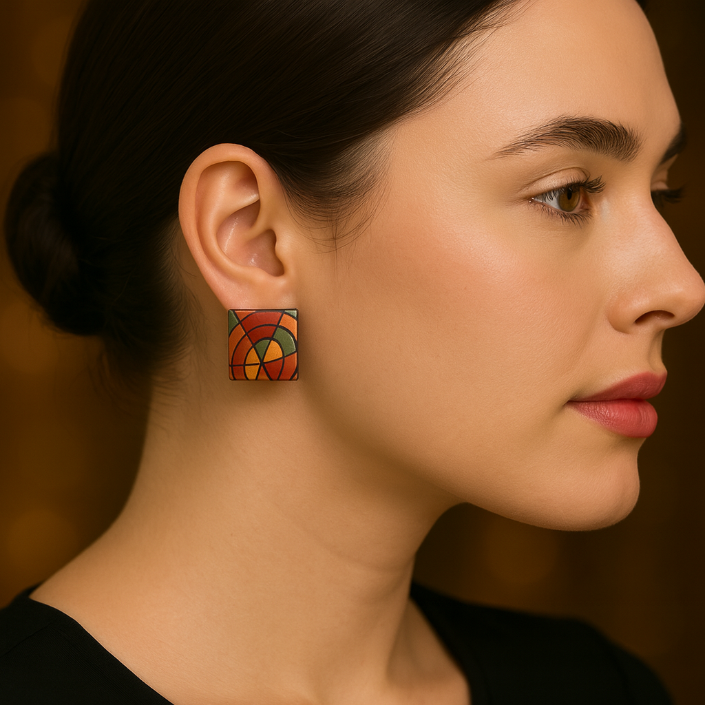 Close-up of a woman wearing colorful geometric earrings against a warm-toned background