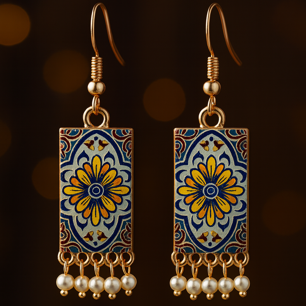 Decorative earrings with floral design and pearl accents on a dark background