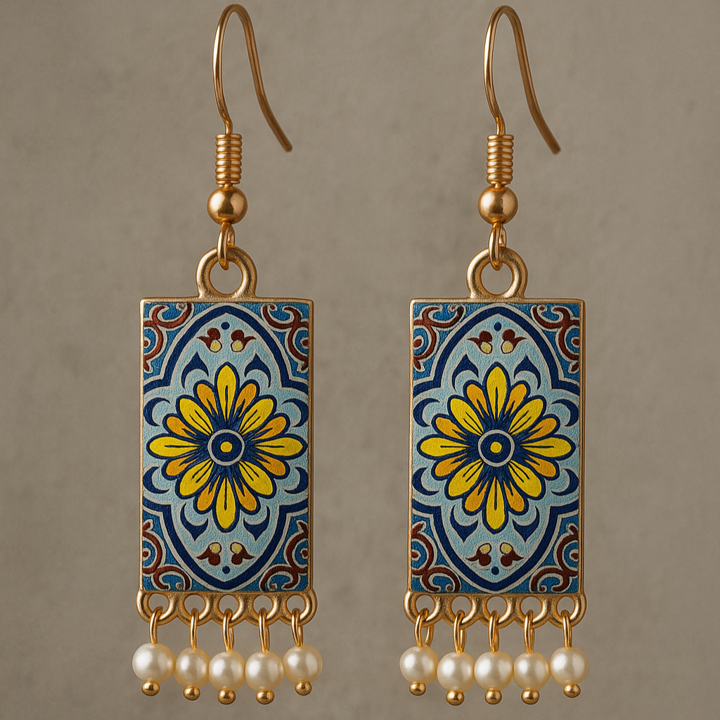 Pair of earrings with floral design and pearl accents on a brown background
