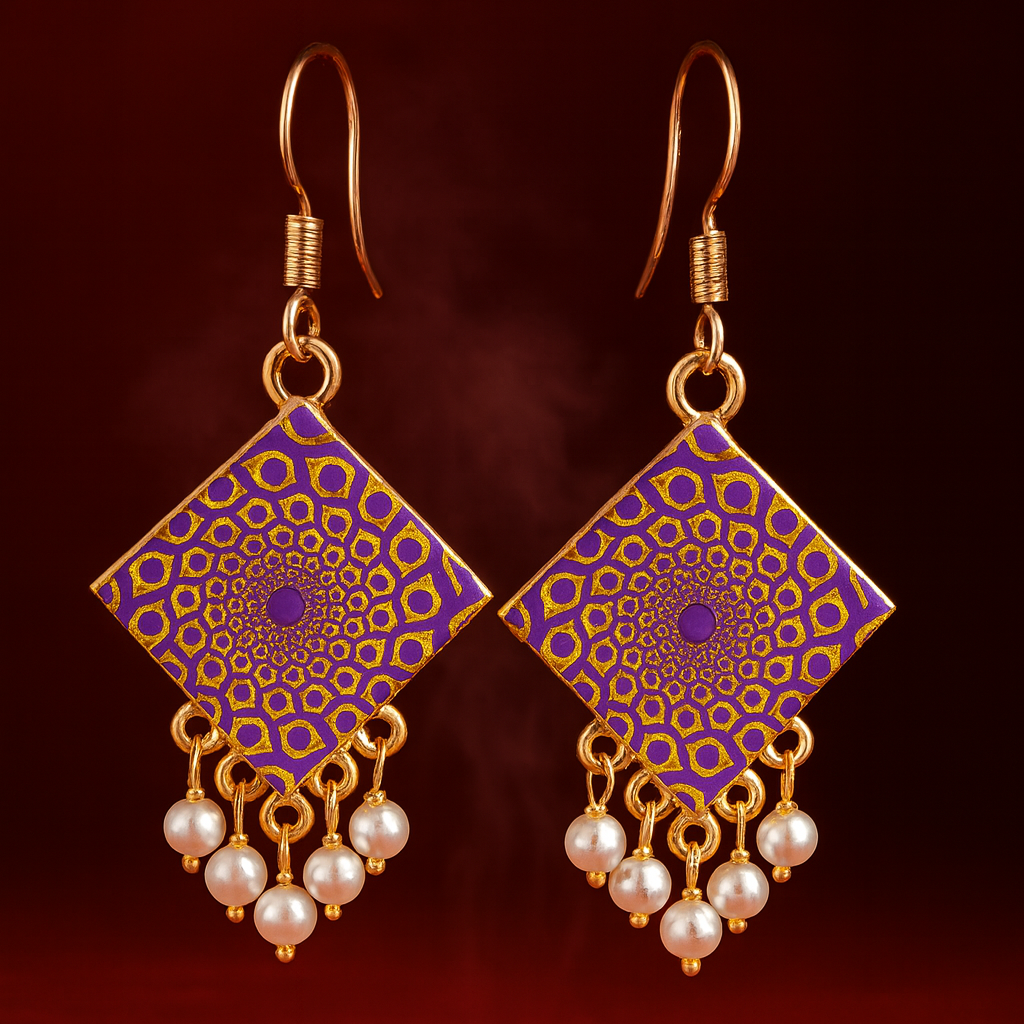 A pair of handcrafted square-shaped dangle earrings featuring intricate purple and gold mandala designs, accented with clusters of small white faux pearls