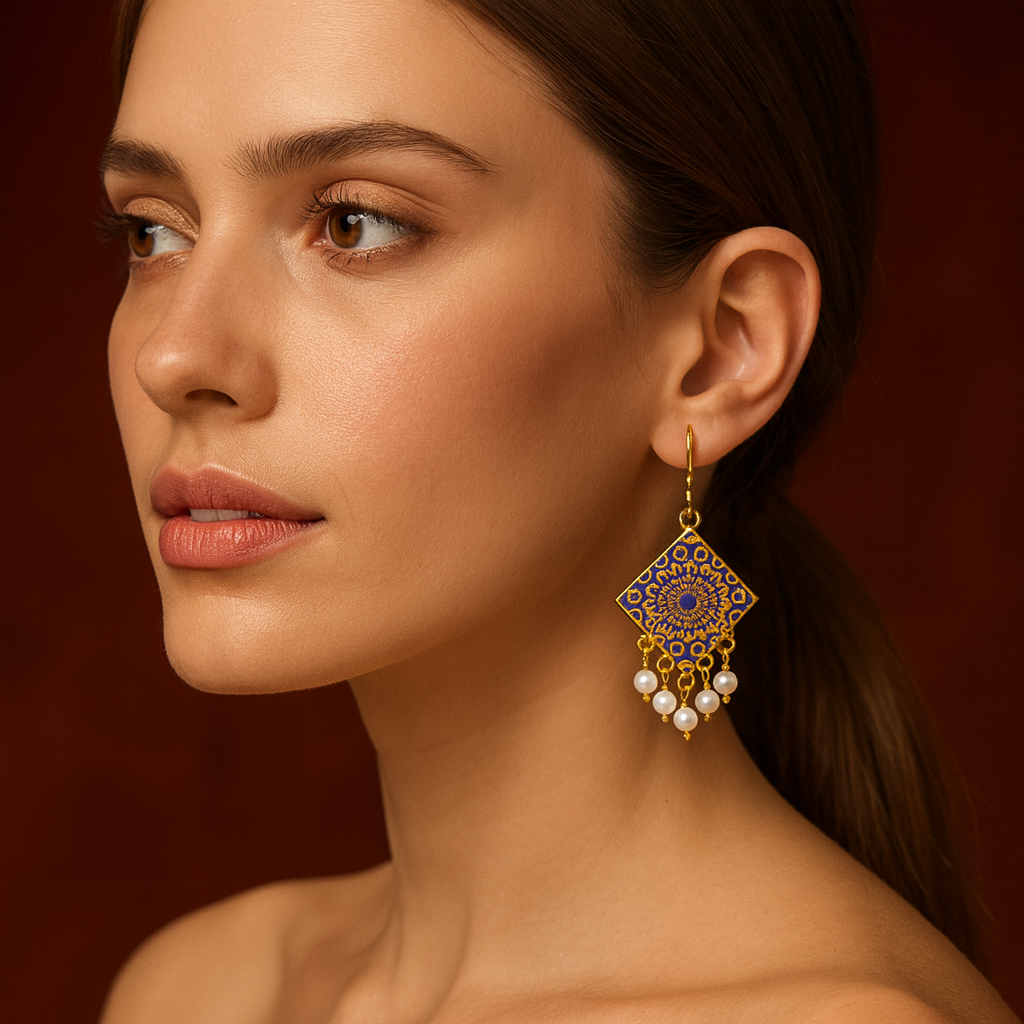 A close-up portrait of a woman wearing gold and purple enamel earrings with intricate mandala patterns, finished with dangling white pearl drops.