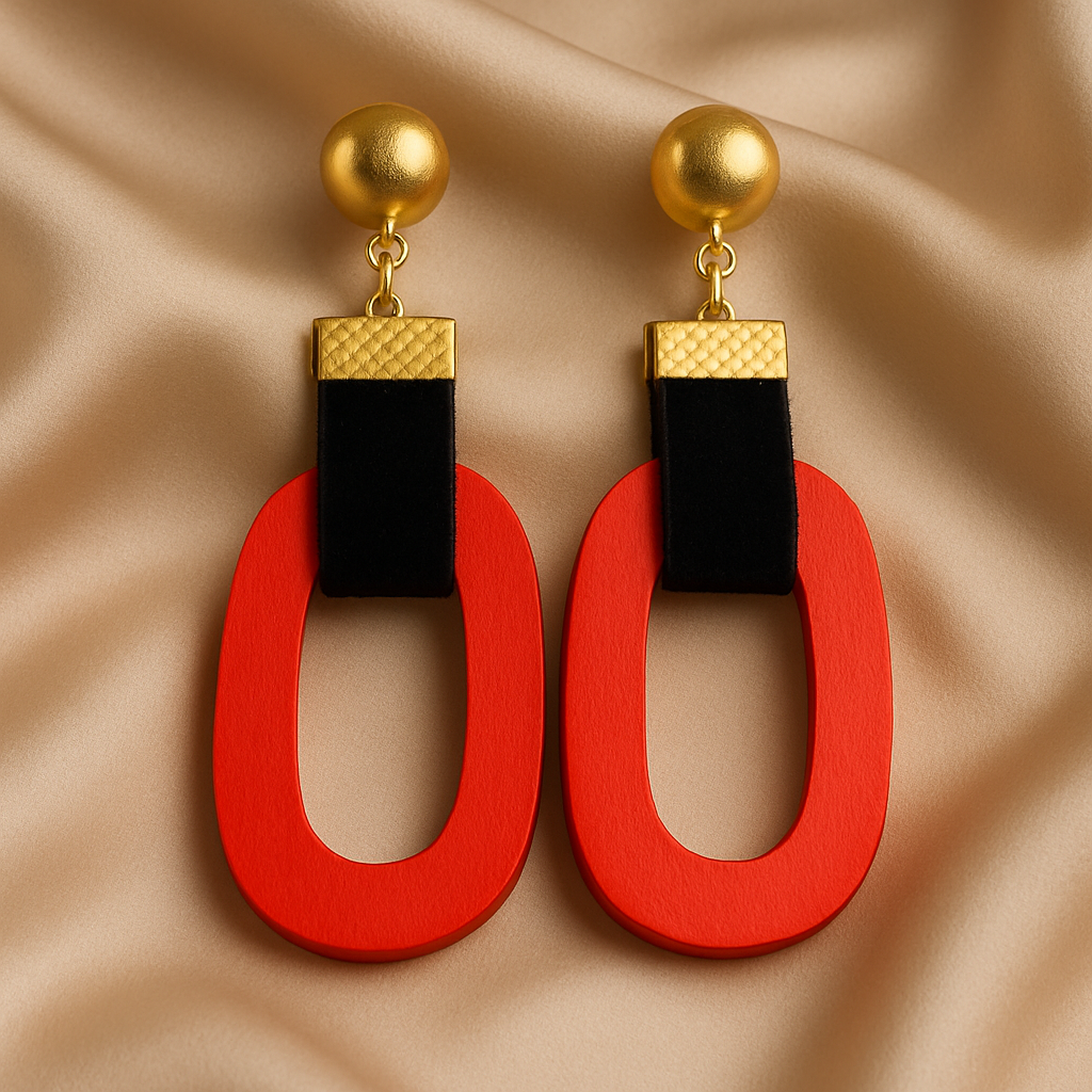 Scarlet Loop Luxe earrings with bold red wooden loops, black velvet straps, and gold-tone studs.