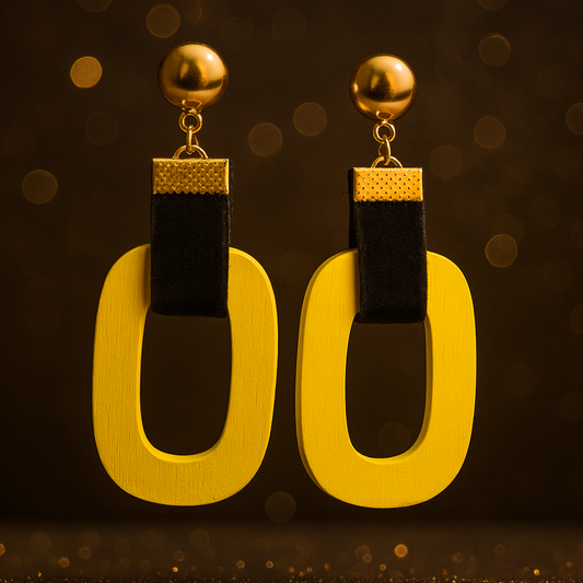Scarlet Loop Luxe earrings with bold Yellow wooden loops, black velvet straps, and gold-tone studs.