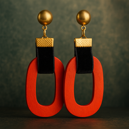 Scarlet Loop Luxe earrings with bold red wooden loops, black velvet straps, and gold-tone studs.