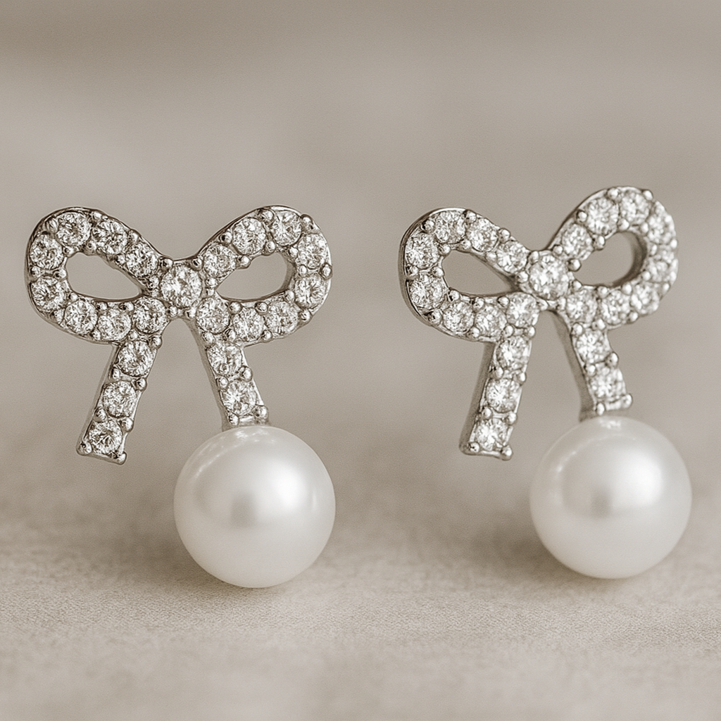 A pair of elegant stud earrings featuring crystal-studded bow designs with dangling white pearls.