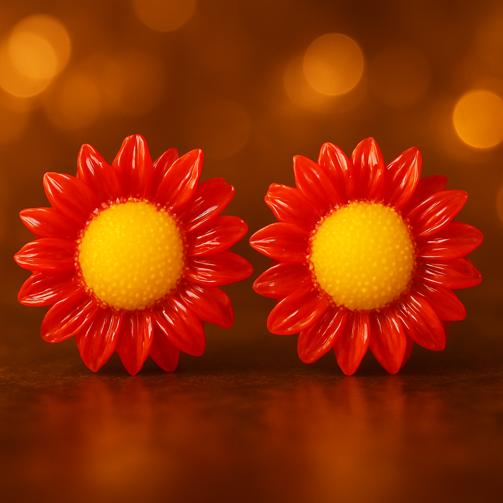 Pair of sunflower-shaped stud earrings with vibrant red petals and bright yellow centers
