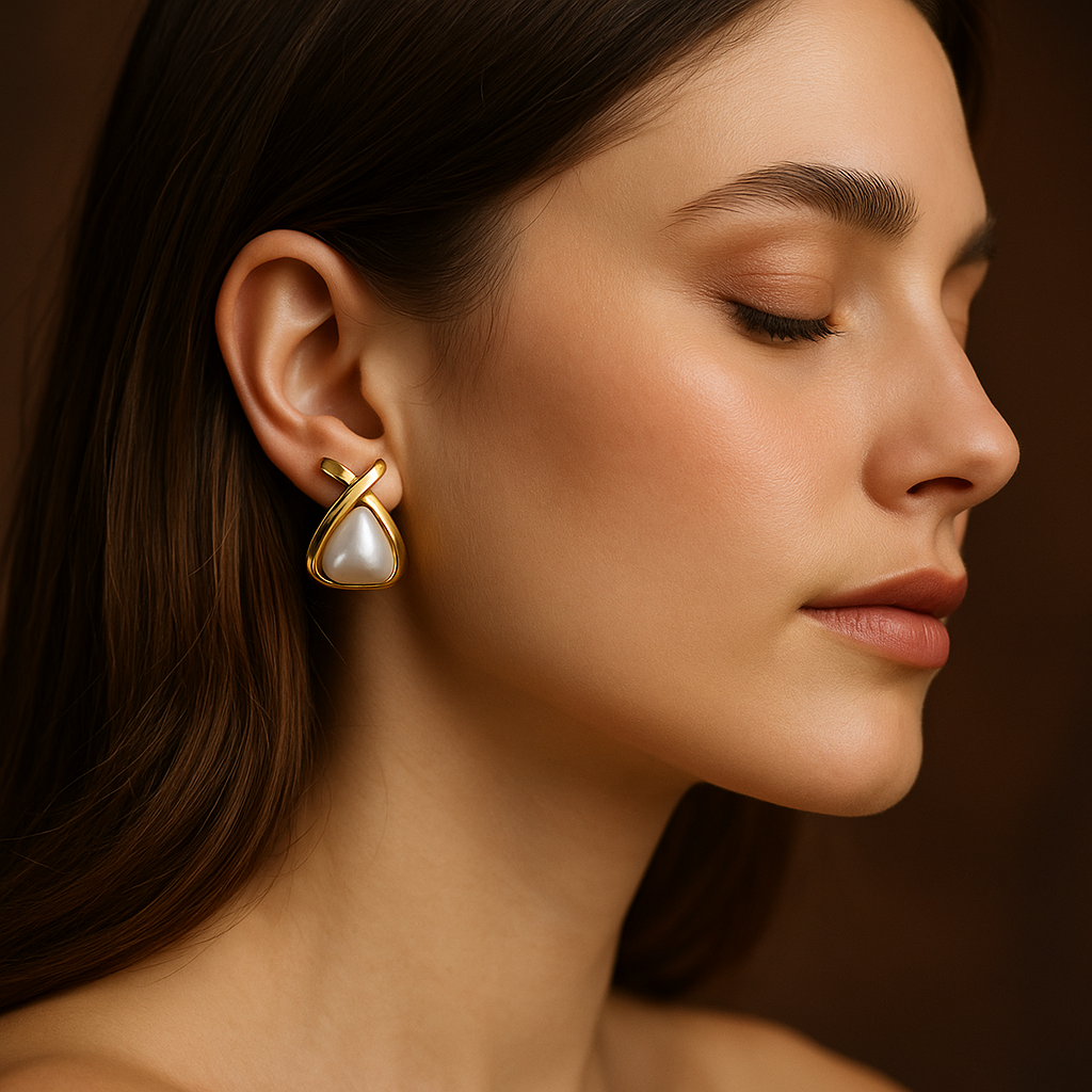 TriPearl Grace gold earrings featuring a unique triangular pearl centerpiece with a sleek, modern design – elegant and versatile jewelry piece