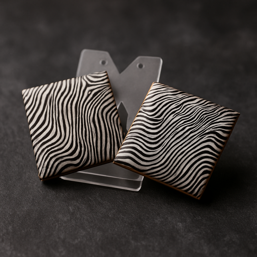 Pair of square earrings with black and white wavy zebra stripe patterns