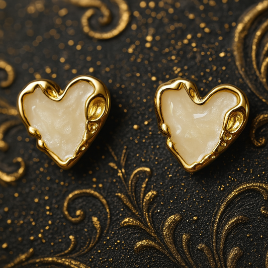Pair of heart-shaped stud earrings with glossy Ivory enamel centers and textured gold-toned edges