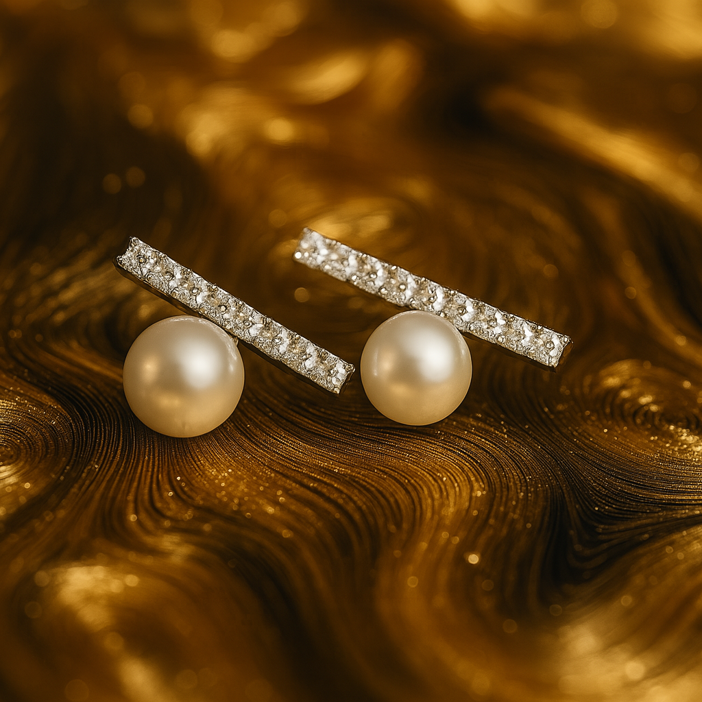 Elegant stud earrings featuring a row of sparkling crystals set in a horizontal bar above a single round pearl