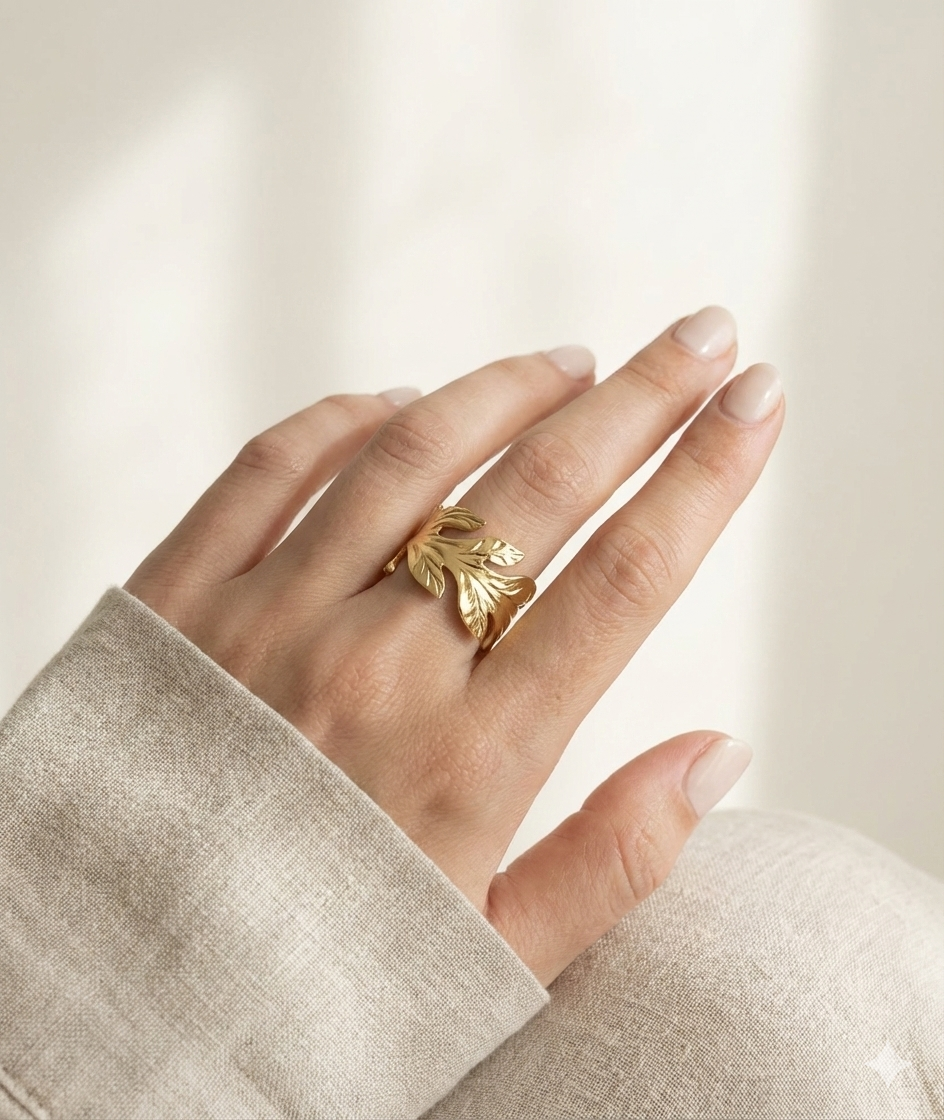 Gold leaf-shaped ring on a woman's finger.