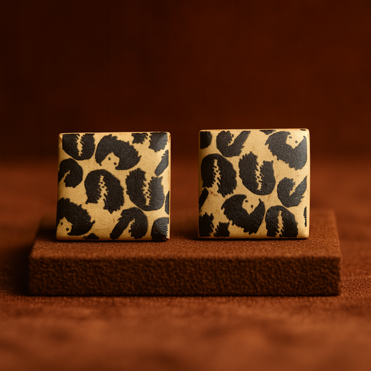 Two square earrings with leopard print design on a brown stand against a brown background