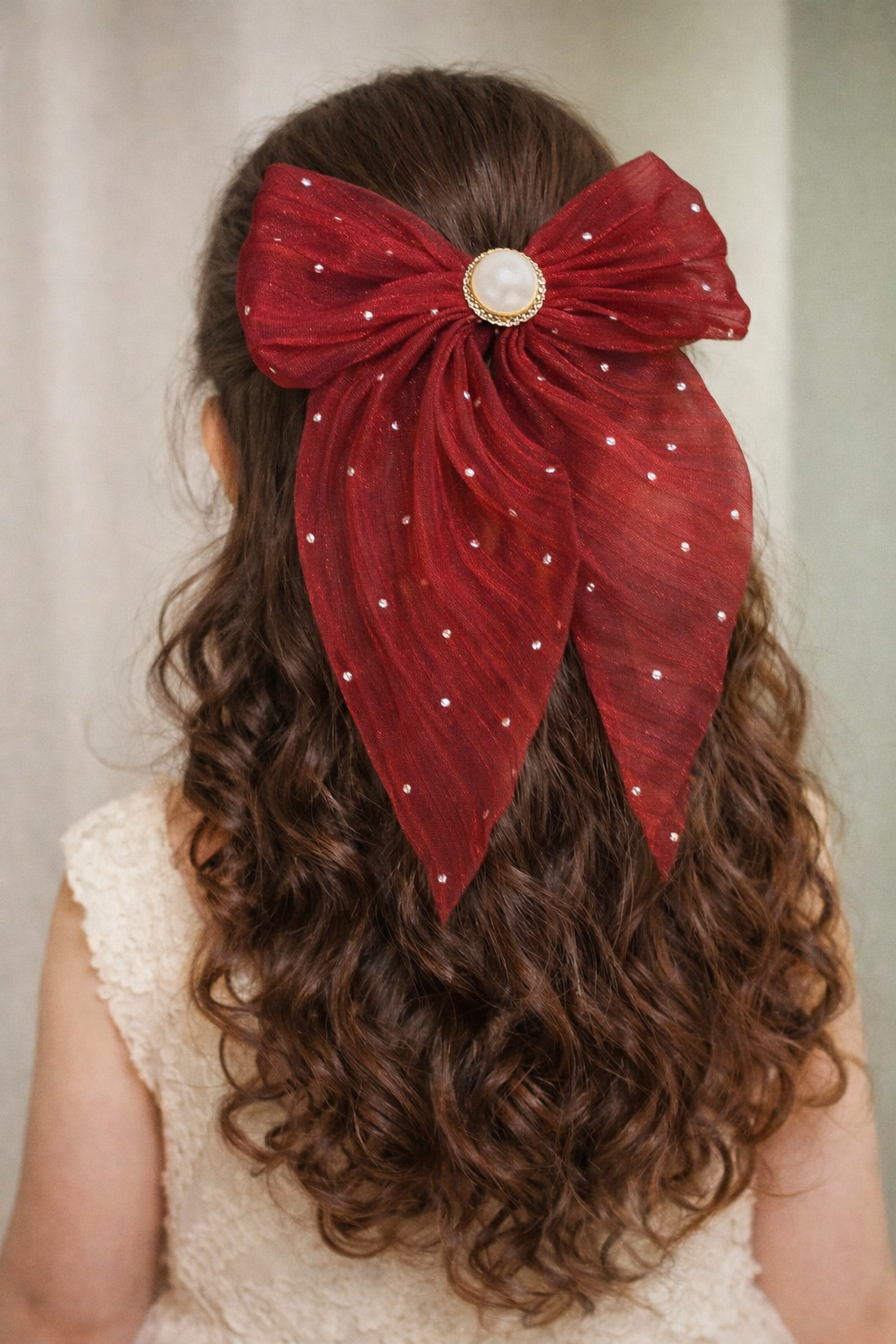 A girl wearing the red bow 