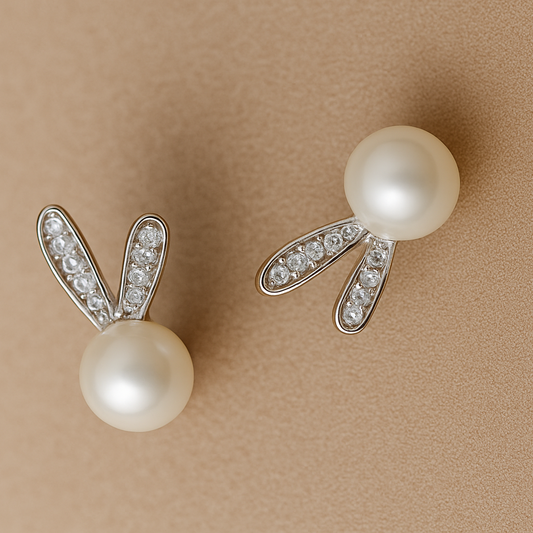 Pearl earrings with bunny ears design on a beige background