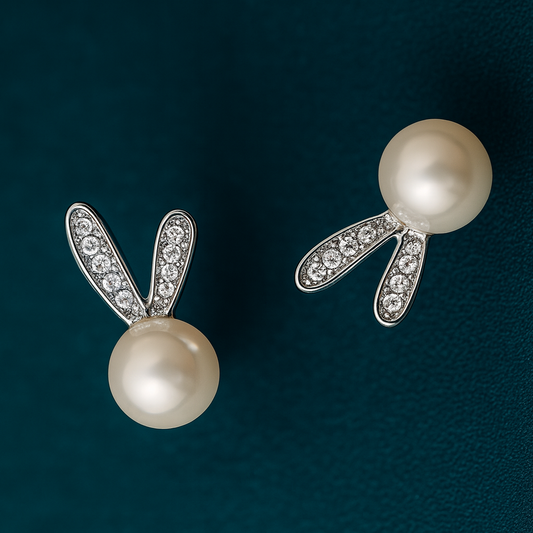 Pair of pearl earrings with silver bunny ears on a dark green background