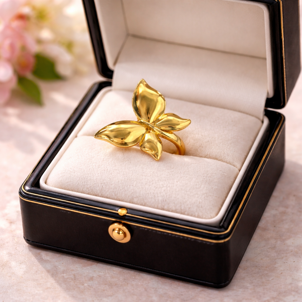 A golden butterfly ring on a black box.