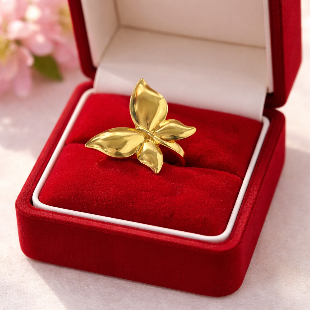 A golden butterfly ring on a red box.