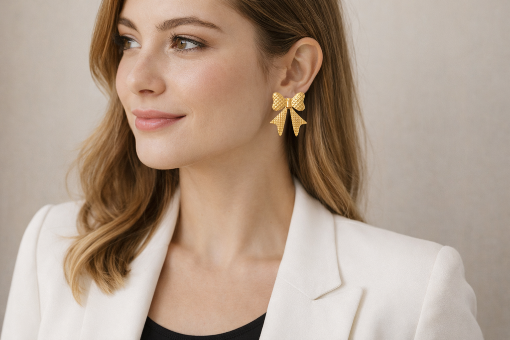 Gold bow-shaped earring worn by a person