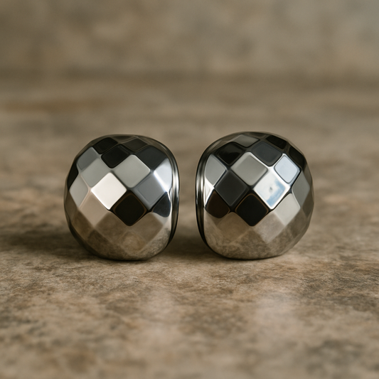 Chrome Charm silver dome earrings with quilted check-pattern design on satin background – minimal, luxury jewelry by Ora Haven