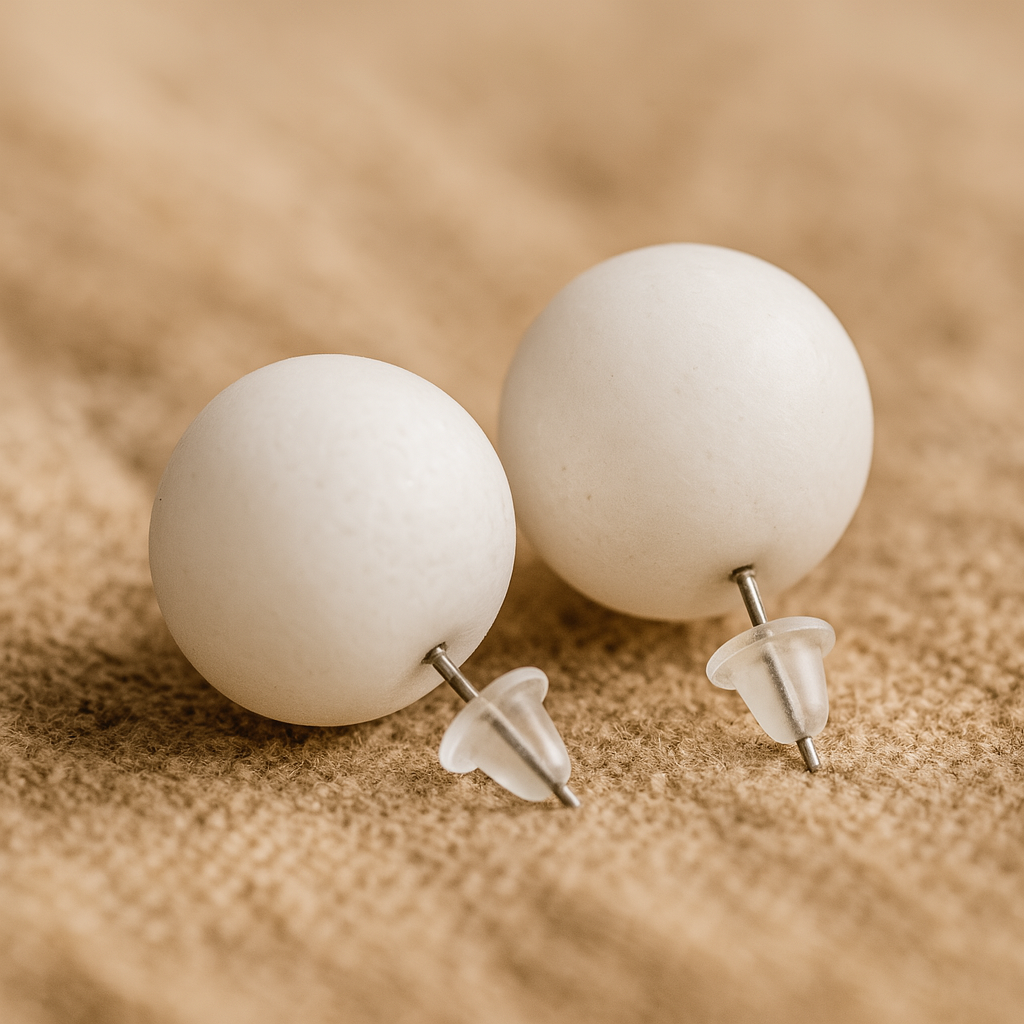 Pair of white spherical earrings on a beige surface