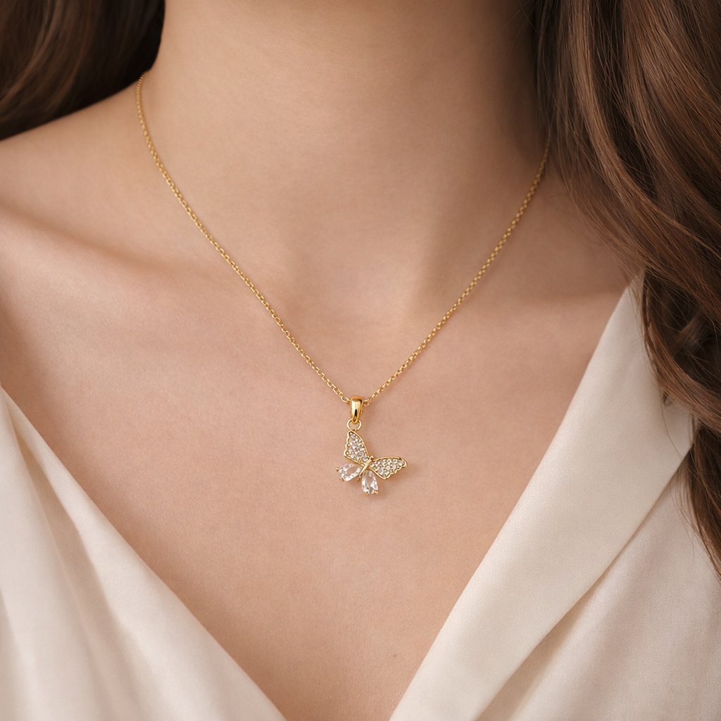 The pendant around a woman's neck 