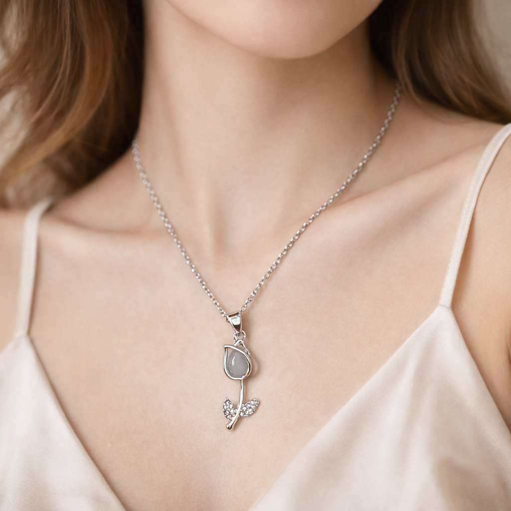 The pendant around a woman's neck