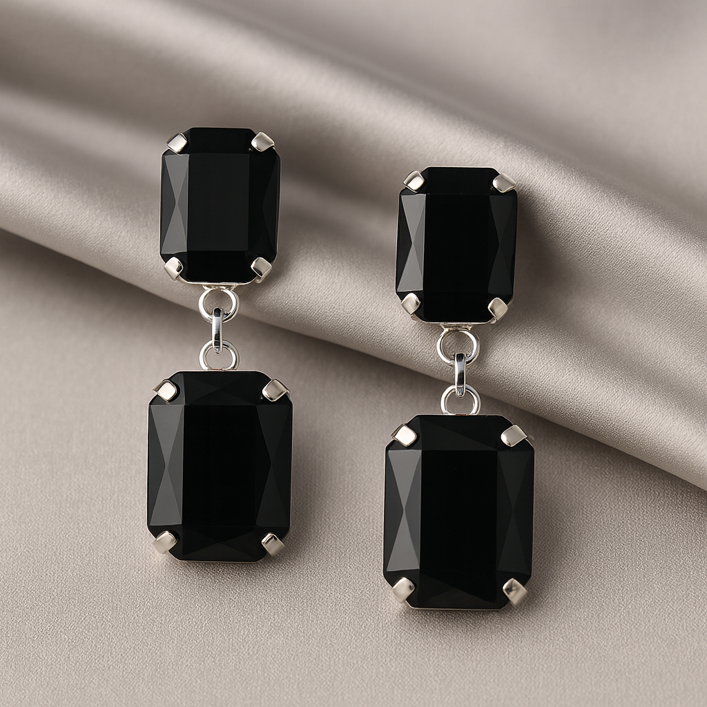 Dark Mystique Earrings – bold black stone drop earrings with silver prong setting, luxury imitation jewelry by Ora Haven