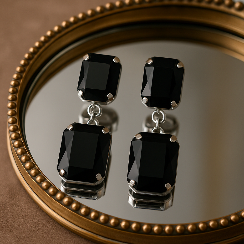 Dark Mystique Earrings – bold black stone drop earrings with silver prong setting, luxury imitation jewelry by Ora Haven
