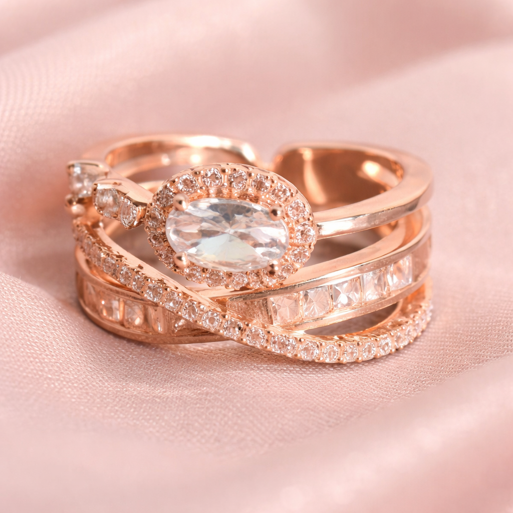 Adjustable Rose gold ring with the stone  in front view 