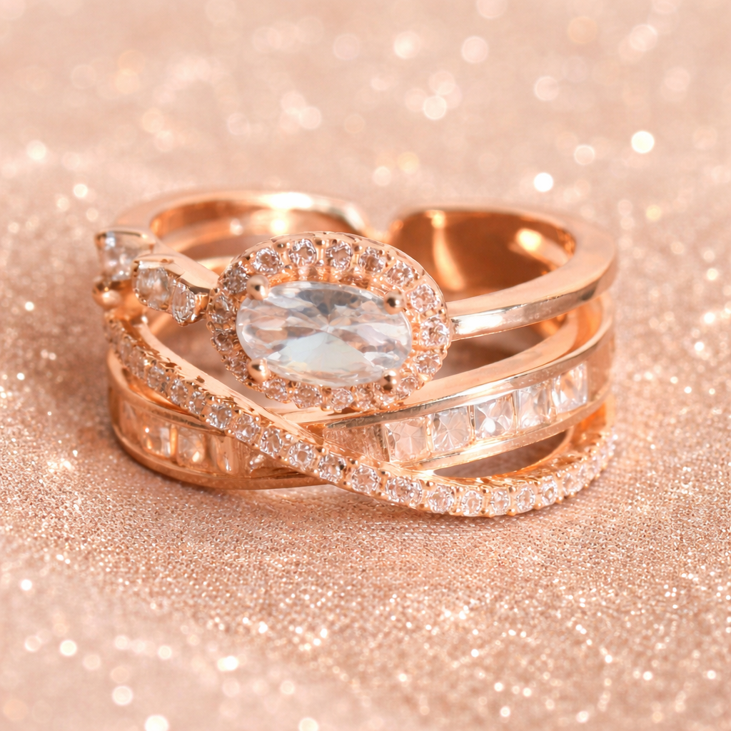 Adjustable Rose gold ring with the stone  in front view 