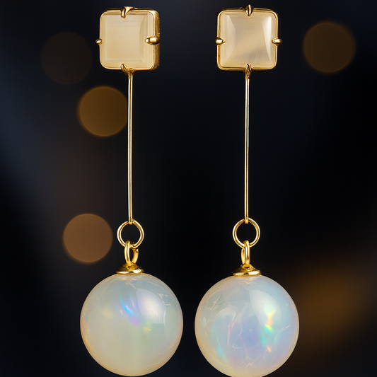 Pair of earrings with gold tops and opal beads on a dark background