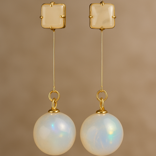 Pair of gold earrings with round pearl-like beads on a beige background