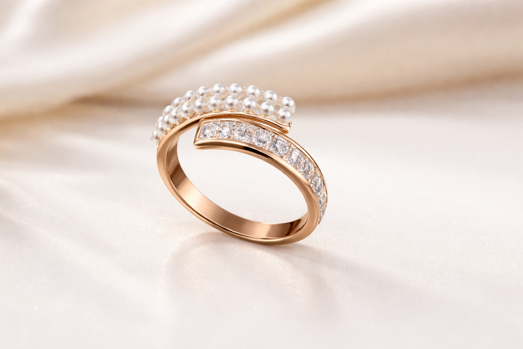 rose gold ring on a white cloth.