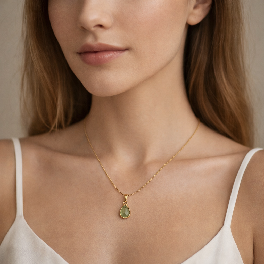 the pendant around a woman's neck