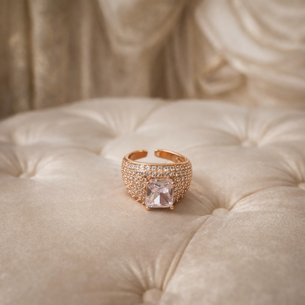 Ring with a prominent gemstone on a seat.
