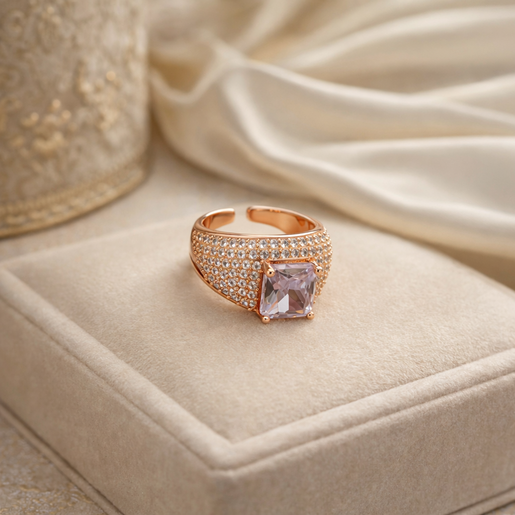 Ring with a prominent gemstone on a white cube.