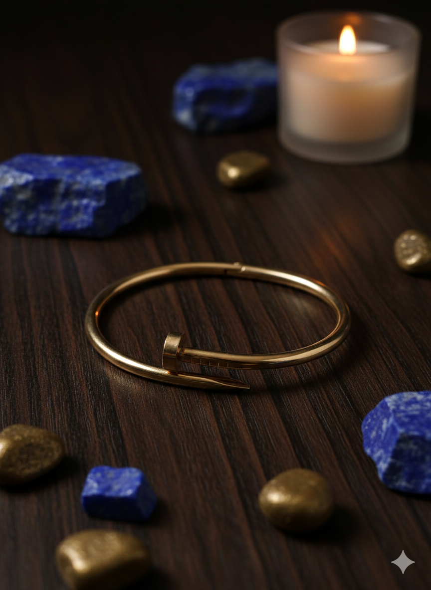 Gold bracelet on a wooden surface with blue stones and a lit candle in the background