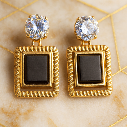 Gold square statement earrings with black enamel center and crystal top, luxury vintage-style geometric earrings for women
