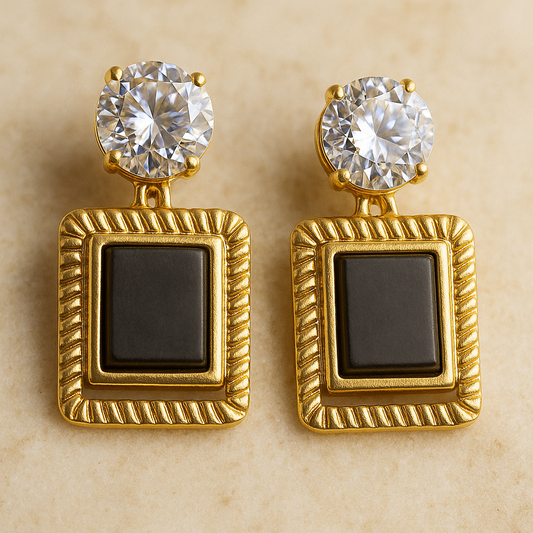 Gold square statement earrings with black enamel center and crystal top, luxury vintage-style geometric earrings for women