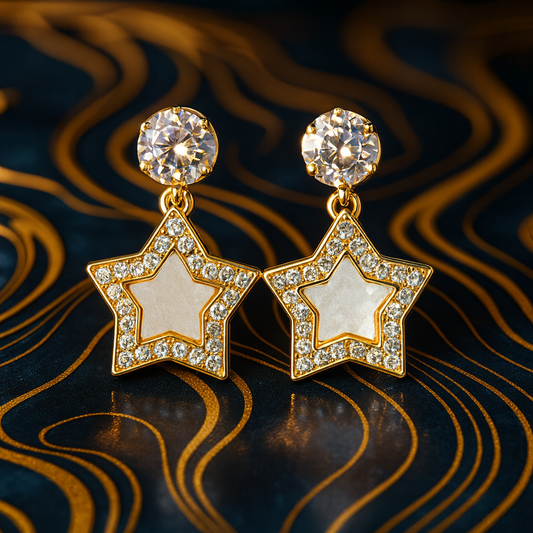 Star-shaped earrings with gold and crystal details on a wavy patterned background
